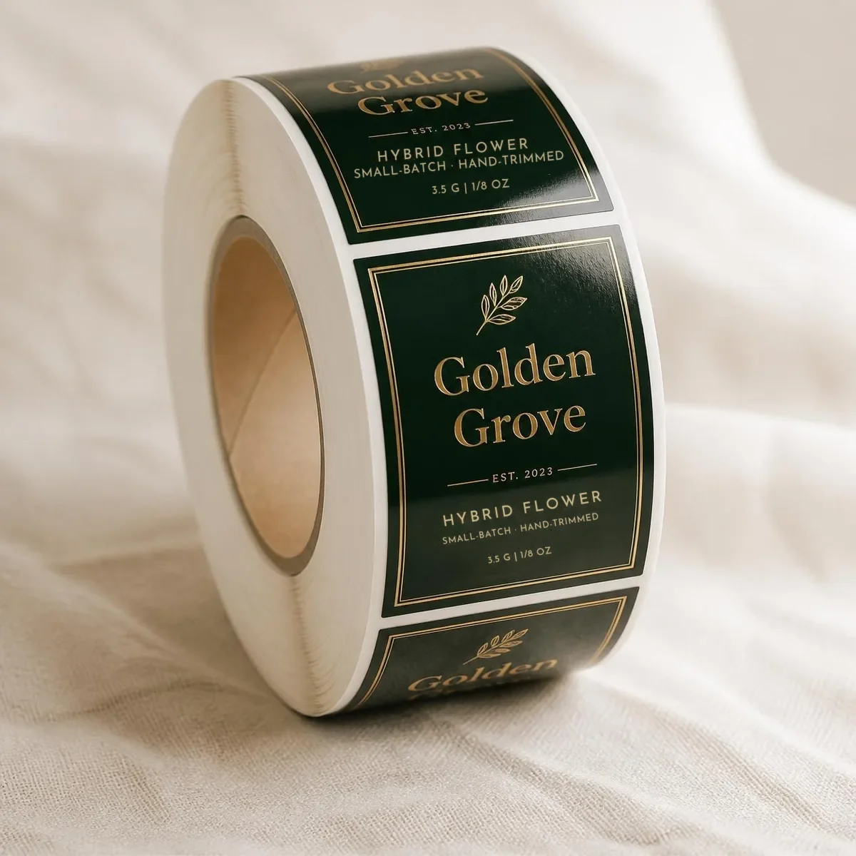 Gloss labels on a roll — White BOPP printed deep green with gold ink, gloss laminate, on a 3-inch core.